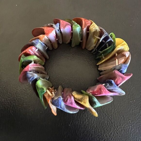 Abalone Shell Chunky Stretch Bracelet Iridescent Shell Mother of Pearl Multicolo - Picture 10 of 11